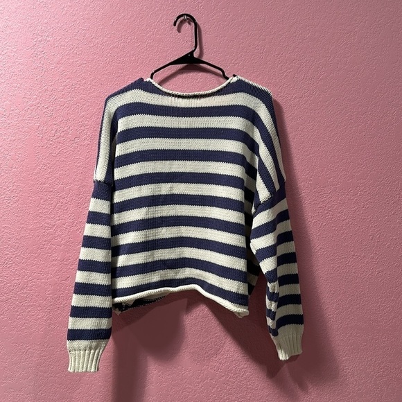 BLU PEPPER Blue/White Stripe Cropped Knit Slouchy Sweater Size L - Picture 2 of 5